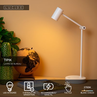 Lucide TIPIK - Lampe de bureau Rechargeable - Batterie/Piles - LED 3 StepDim - 1x3W 2700K - Blanc